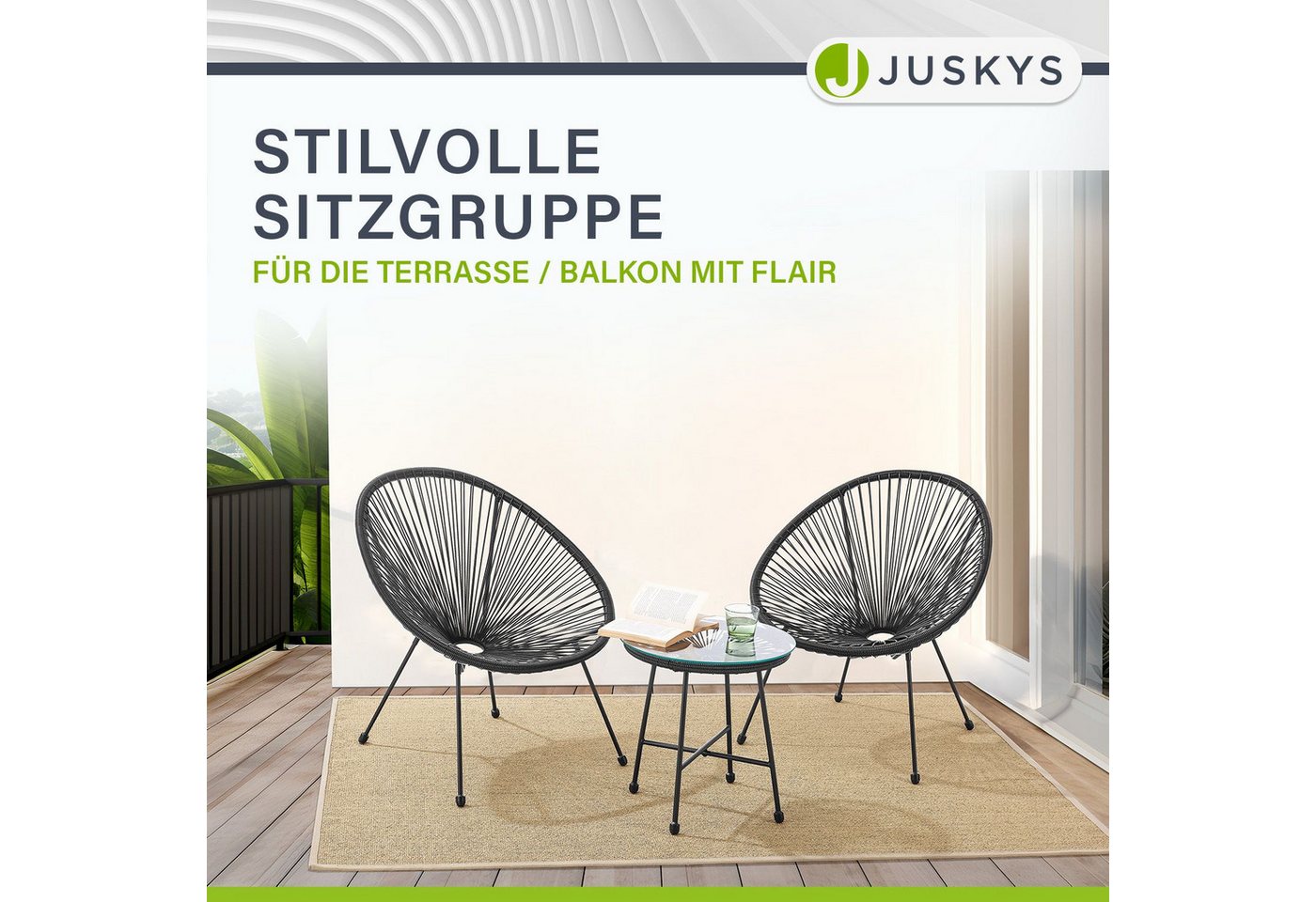 Juskys Balkonset Ostana, (3-tlg), 2 Sessel plus Tisch, witterungsbeständig, stabil – Bild 4 von 5