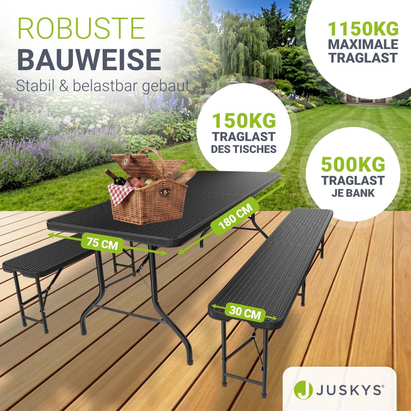 Juskys Bierzeltgarnitur Amberg, (3-tlg), wetterfest, zusammenklappbar, schnell auf und abbaubar – Bild 2 von 5