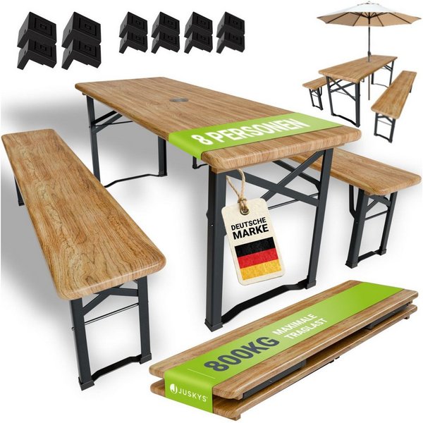Juskys Bierzeltgarnitur Bichl, (Set, 3-tlg., Bierzeltgarnitur), Wetter & UV-beständig, klappbar, lackiertes Tannenholz, Bodenschoner