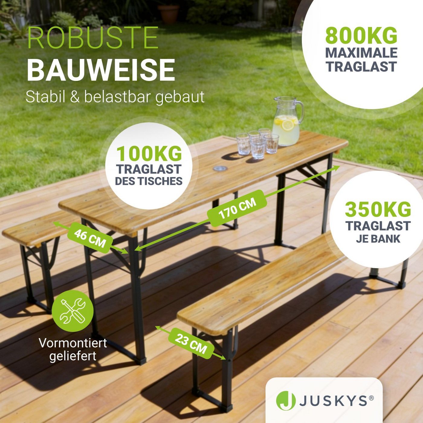 Juskys Bierzeltgarnitur Bichl, (Set, 3-tlg., Bierzeltgarnitur), Wetter & UV-beständig, klappbar, lackiertes Tannenholz, Bodenschoner – Bild 2 von 5