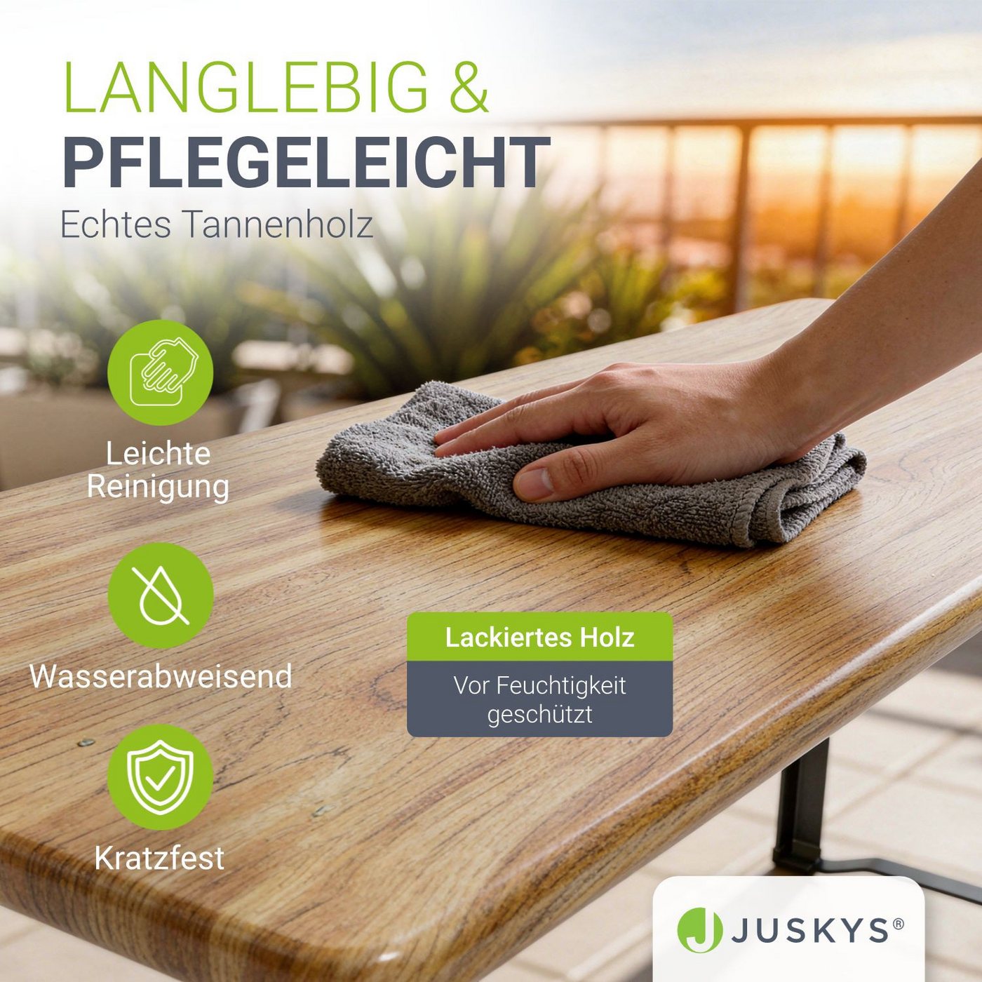 Juskys Bierzeltgarnitur Bichl, (Set, 3-tlg., Bierzeltgarnitur), Wetter & UV-beständig, klappbar, lackiertes Tannenholz, Bodenschoner – Bild 4 von 5