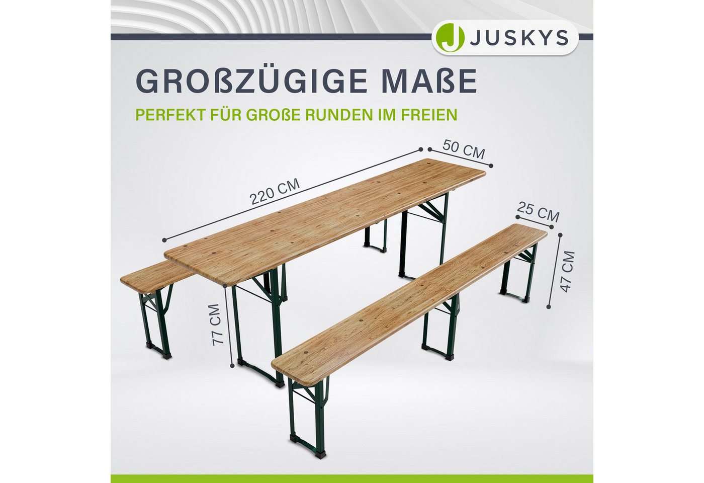 Juskys Bierzeltgarnitur Passau, (3-tlg), klappbar, lackierte Oberfläche, natürliche Optik, inkl. Bodenschoner – Bild 3 von 5