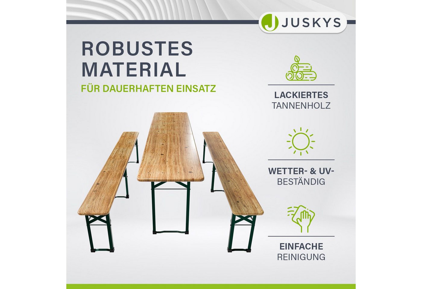 Juskys Bierzeltgarnitur Passau, (3-tlg), klappbar, lackierte Oberfläche, natürliche Optik, inkl. Bodenschoner – Bild 5 von 5