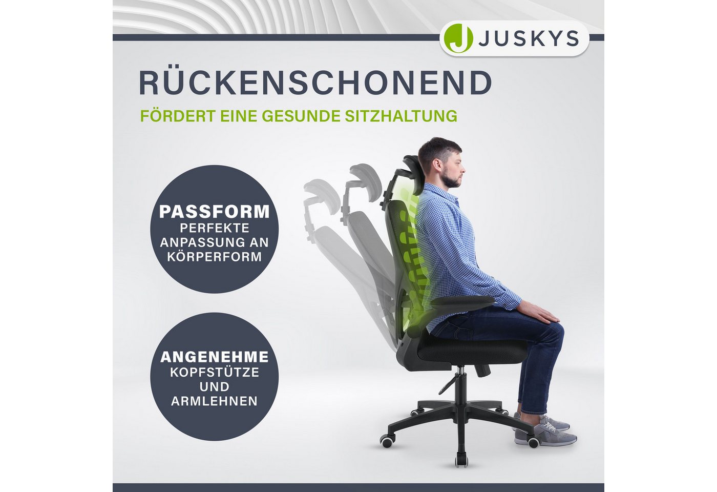 Juskys Bürostuhl Baltimore, Ergonomisch, höhenverstellbar, Rollen, Armlehne, Kopf- & Lendenstütze – Bild 2 von 5