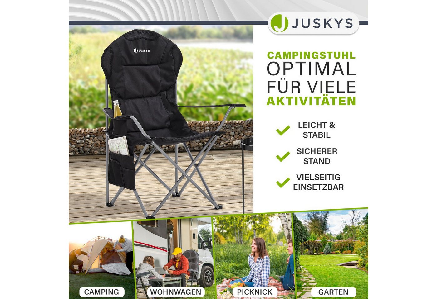 Juskys Campingstuhl Lido, leicht und stabil, bequeme Rückenlehne, mit Armlehnen – Bild 2 von 5