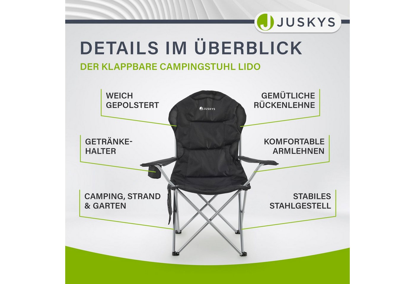 Juskys Campingstuhl Lido, leicht und stabil, bequeme Rückenlehne, mit Armlehnen – Bild 5 von 5