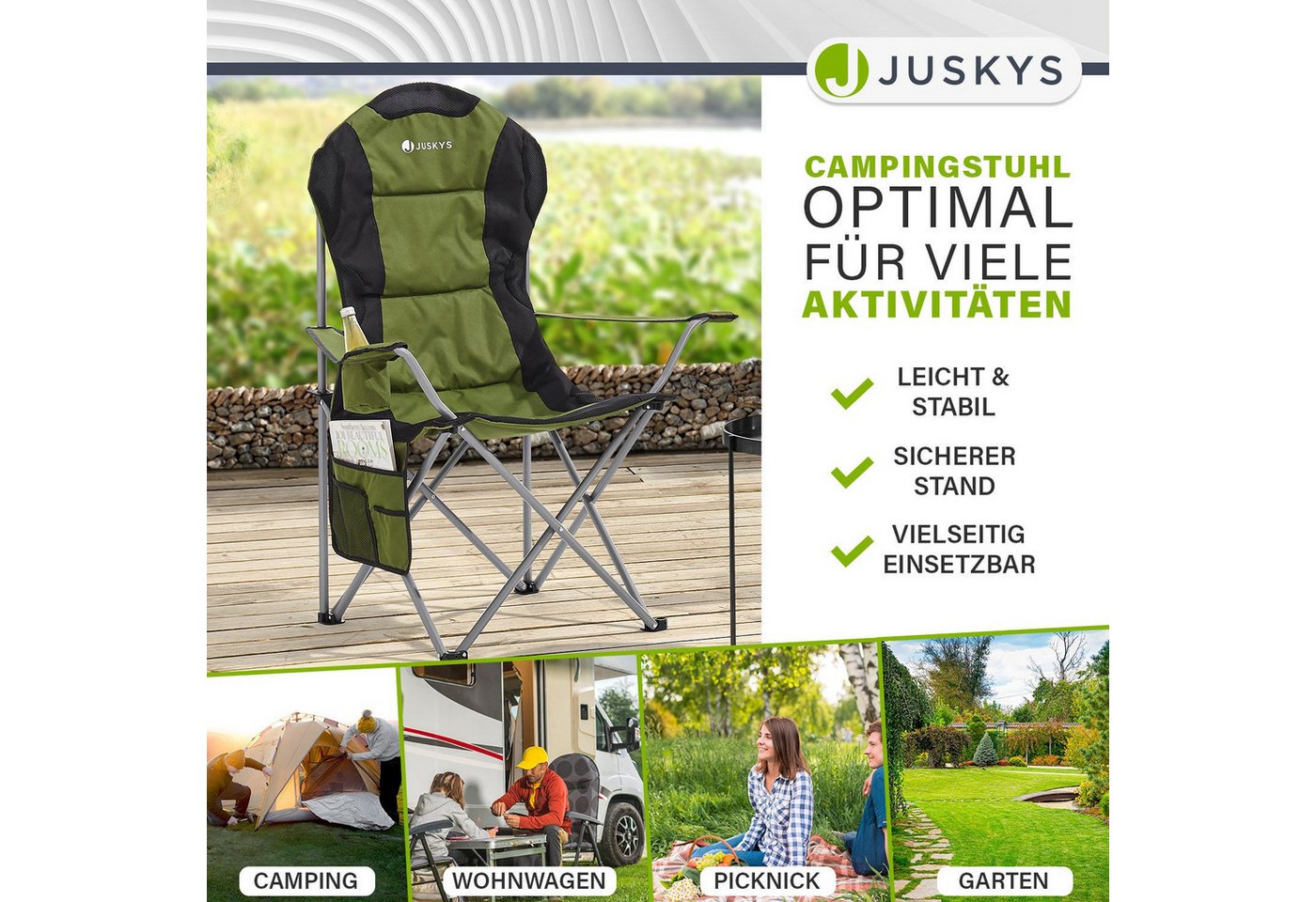 Juskys Campingstuhl Lido, leicht und stabil, bequeme Rückenlehne, mit Armlehnen – Bild 2 von 5