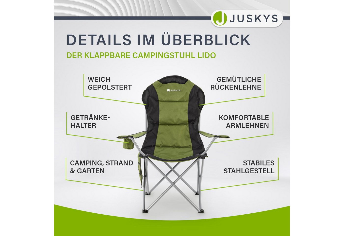 Juskys Campingstuhl Lido, leicht und stabil, bequeme Rückenlehne, mit Armlehnen – Bild 5 von 5