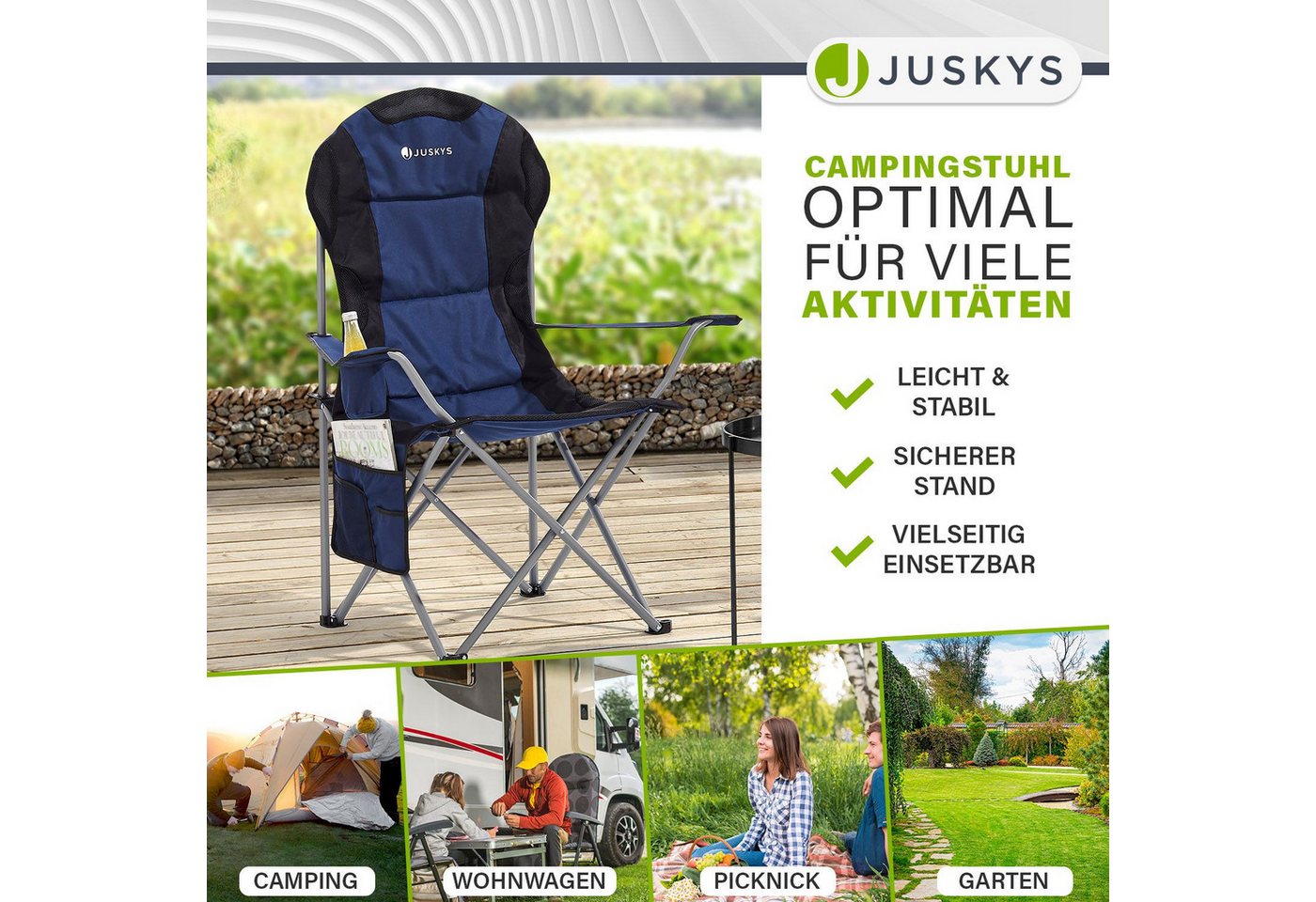 Juskys Campingstuhl Lido, leicht und stabil, bequeme Rückenlehne, mit Armlehnen – Bild 2 von 5