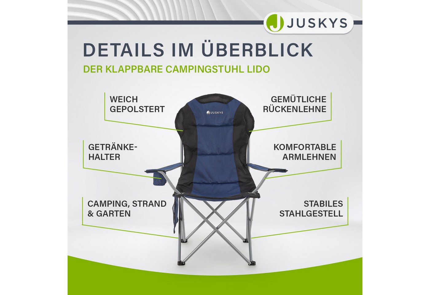 Juskys Campingstuhl Lido, leicht und stabil, bequeme Rückenlehne, mit Armlehnen – Bild 5 von 5