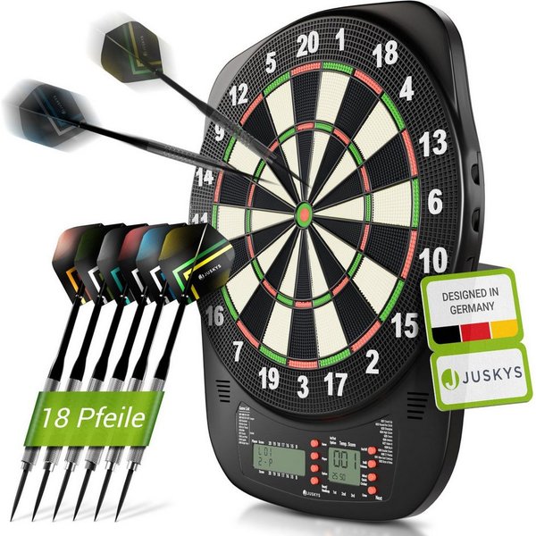 Juskys Dartscheibe, 32 Spiele, 18 Pfeile, bis 8 Spieler, mit Zubehör, viele Spielmodi