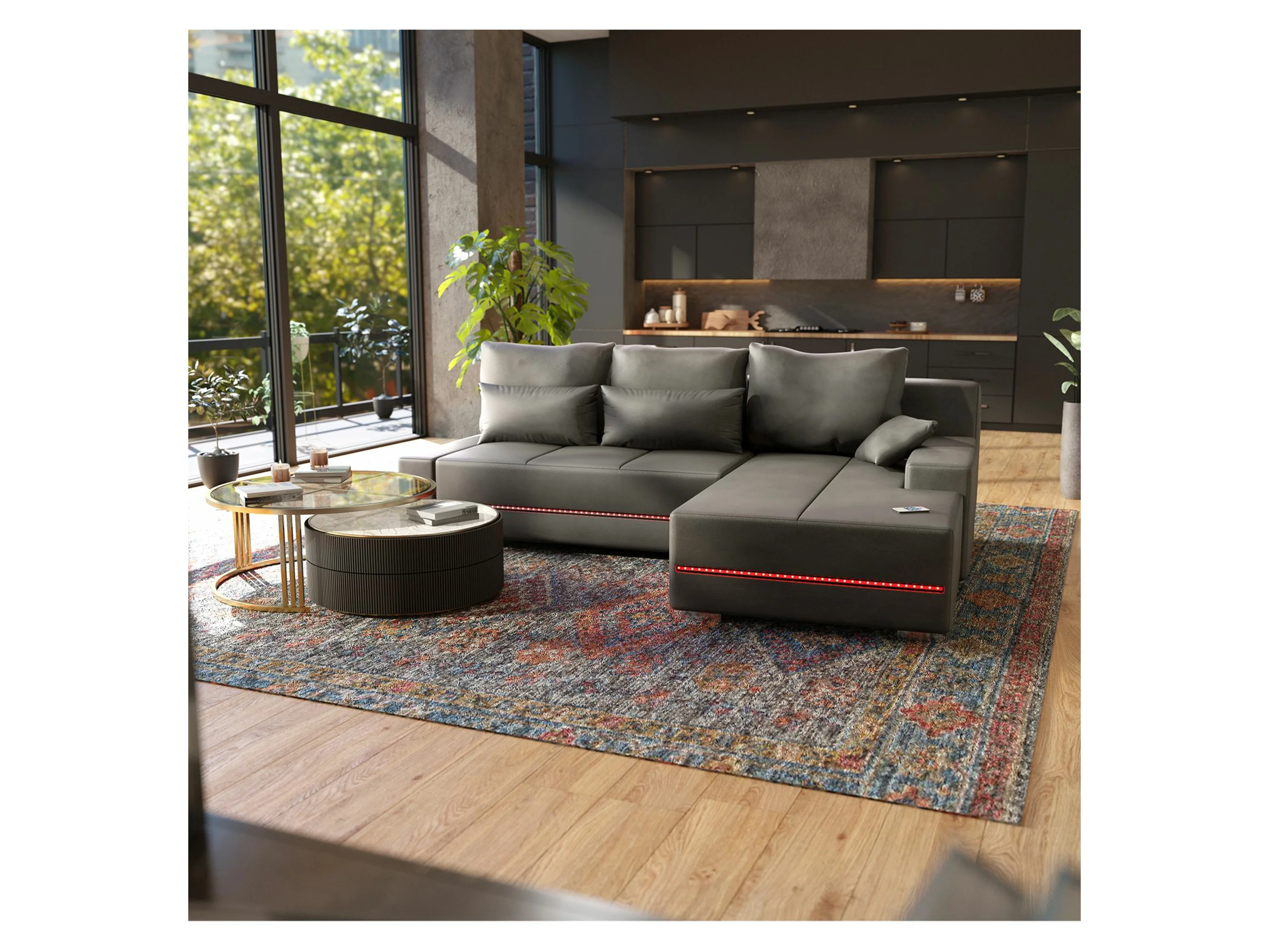 JUSKYS Davos Sofa LED mit Ottomane Schlaffunktion (Rechts, Hellgrau) – Bild 2 von 4