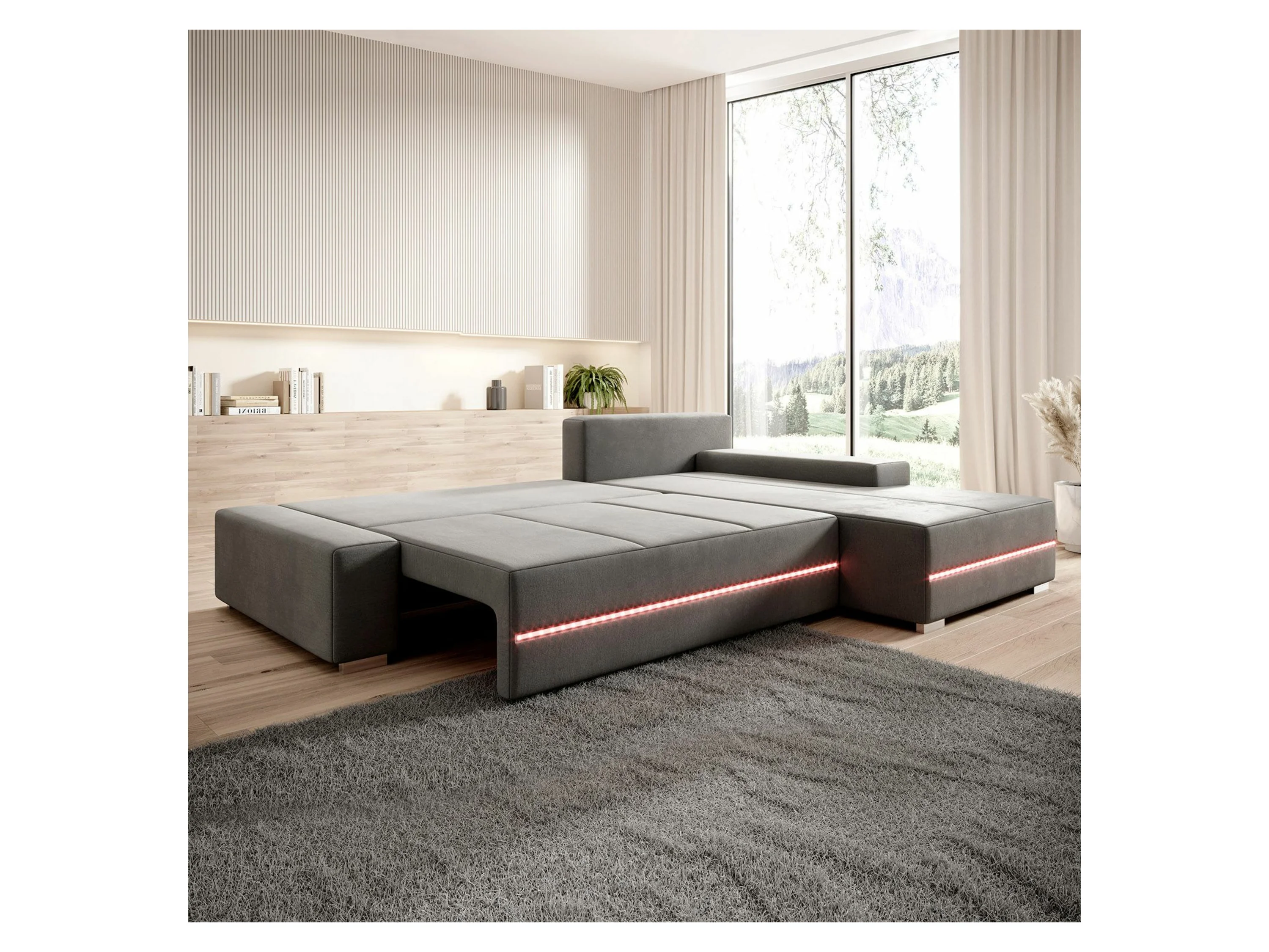 JUSKYS Davos Sofa LED mit Ottomane Schlaffunktion (Rechts, Hellgrau) – Bild 4 von 4
