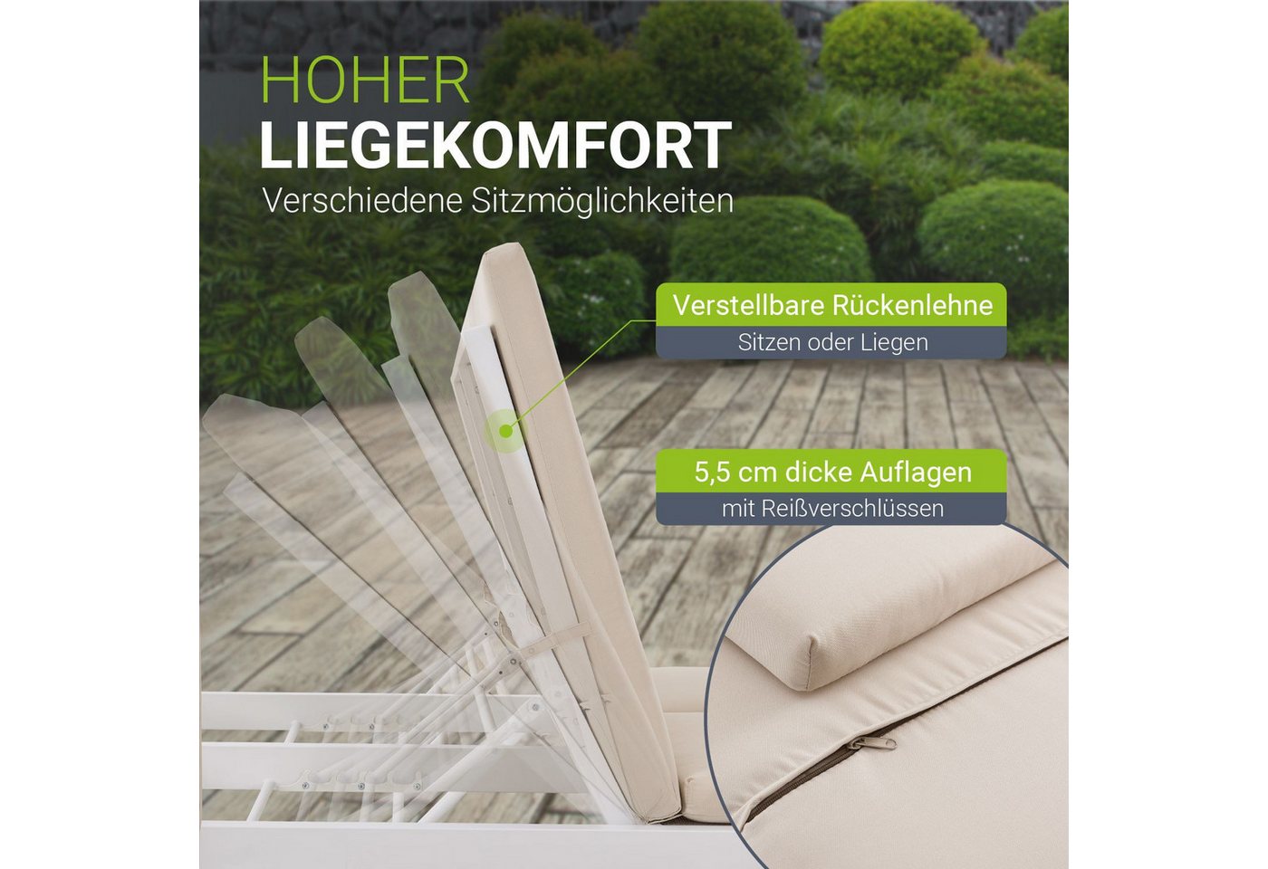 Juskys Doppelliege Kreta, verstellbare Rückenlehne, Sonnen und Sichtschutz, inkl. Polster – Bild 5 von 5