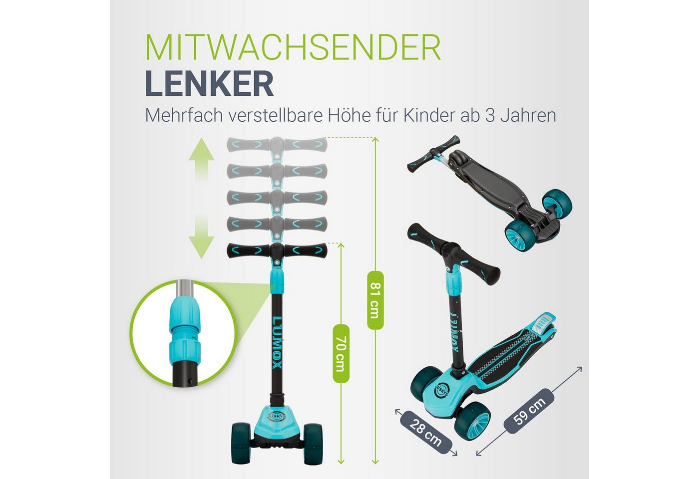 Juskys Dreiradscooter Lumox, Höhenverstellbar, blinkende Reifen, Hinterradbremse, klappbar – Bild 3 von 5