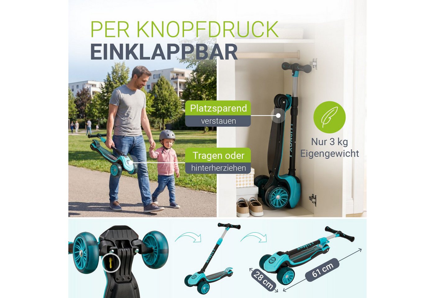 Juskys Dreiradscooter Lumox, Höhenverstellbar, blinkende Reifen, Hinterradbremse, klappbar – Bild 5 von 5