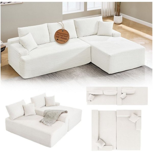 Juskys Ecksofa Coredo, Ecksofa, mit Rücken- & Dekokissen, Cordbezug, Modular platzierbar