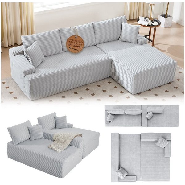 Juskys Ecksofa Coredo, Ecksofa, mit Rücken- & Dekokissen, Cordbezug, Modular platzierbar