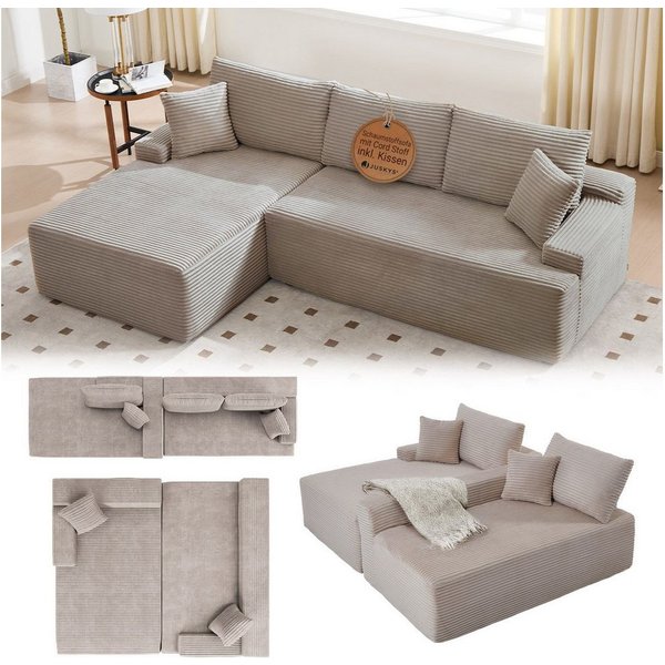 Juskys Ecksofa Coredo, Ecksofa, mit Rücken- & Dekokissen, Cordbezug, Modular platzierbar