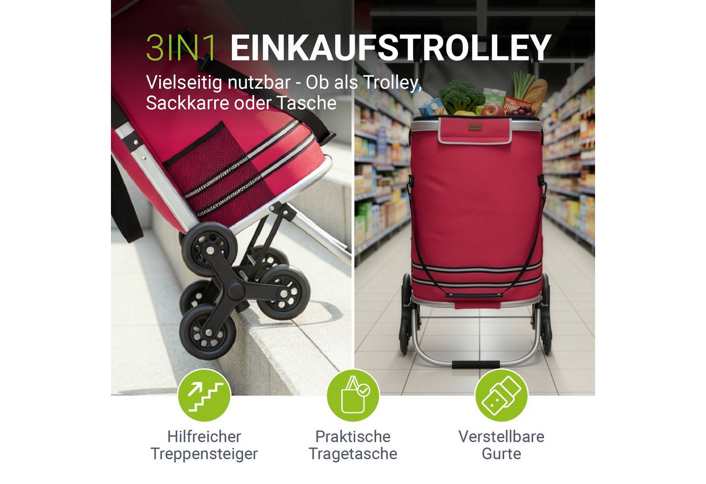 Juskys Einkaufstrolley 3in1, 56 l, mit 2 Rollen und Kühlfach, klappbar und modern, auch als Sackkarre – Bild 2 von 5