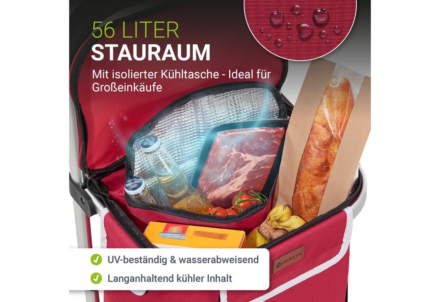 Juskys Einkaufstrolley 3in1, 56 l, mit 2 Rollen und Kühlfach, klappbar und modern, auch als Sackkarre – Bild 3 von 5