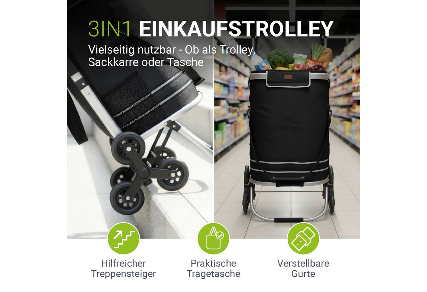 Juskys Einkaufstrolley 3in1, 56 l, mit Treppensteiger (6 Rollen), klappbar und modern, mit Kühlfach – Bild 2 von 5