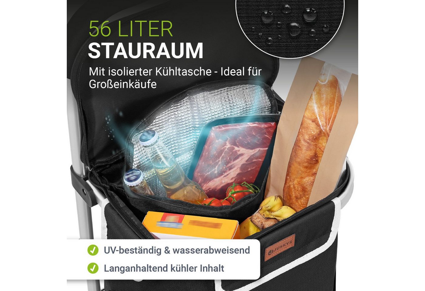 Juskys Einkaufstrolley 3in1, 56 l, mit Treppensteiger (6 Rollen), klappbar und modern, mit Kühlfach – Bild 3 von 5