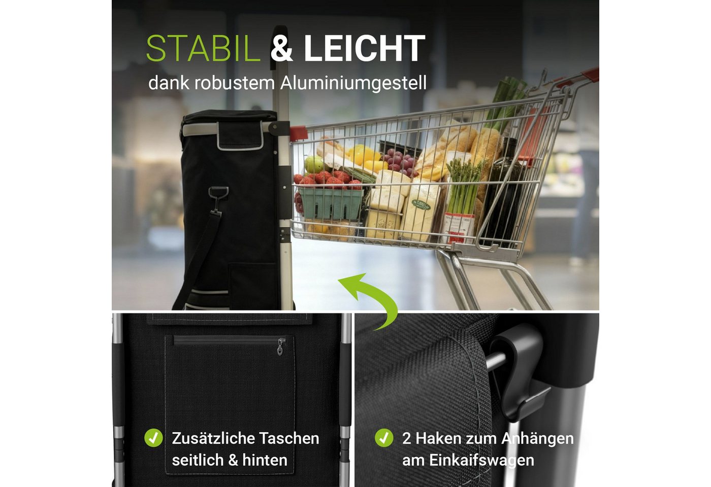 Juskys Einkaufstrolley 3in1, 56 l, mit Treppensteiger (6 Rollen), klappbar und modern, mit Kühlfach – Bild 5 von 5