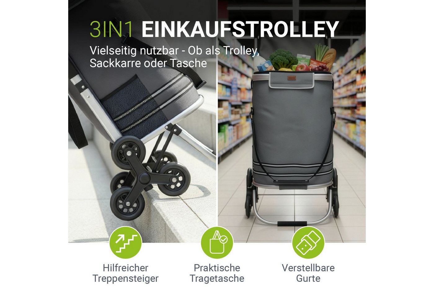 Juskys Einkaufstrolley 3in1, 56 l, mit Treppensteiger (6 Rollen), klappbar und modern, mit Kühlfach – Bild 2 von 5