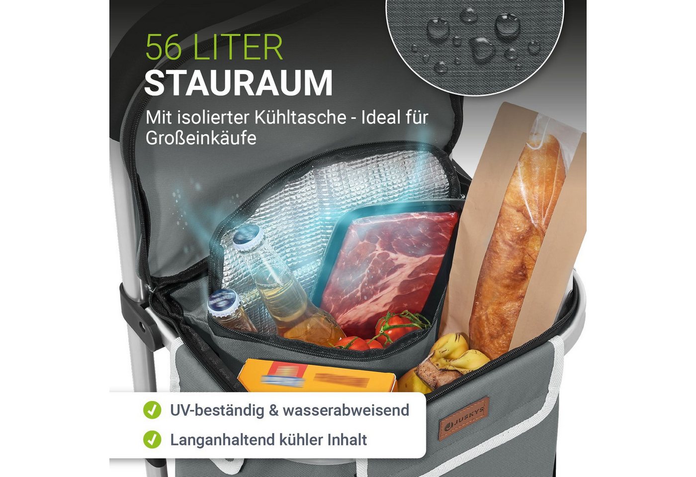 Juskys Einkaufstrolley 3in1, 56 l, mit Treppensteiger (6 Rollen), klappbar und modern, mit Kühlfach – Bild 3 von 5