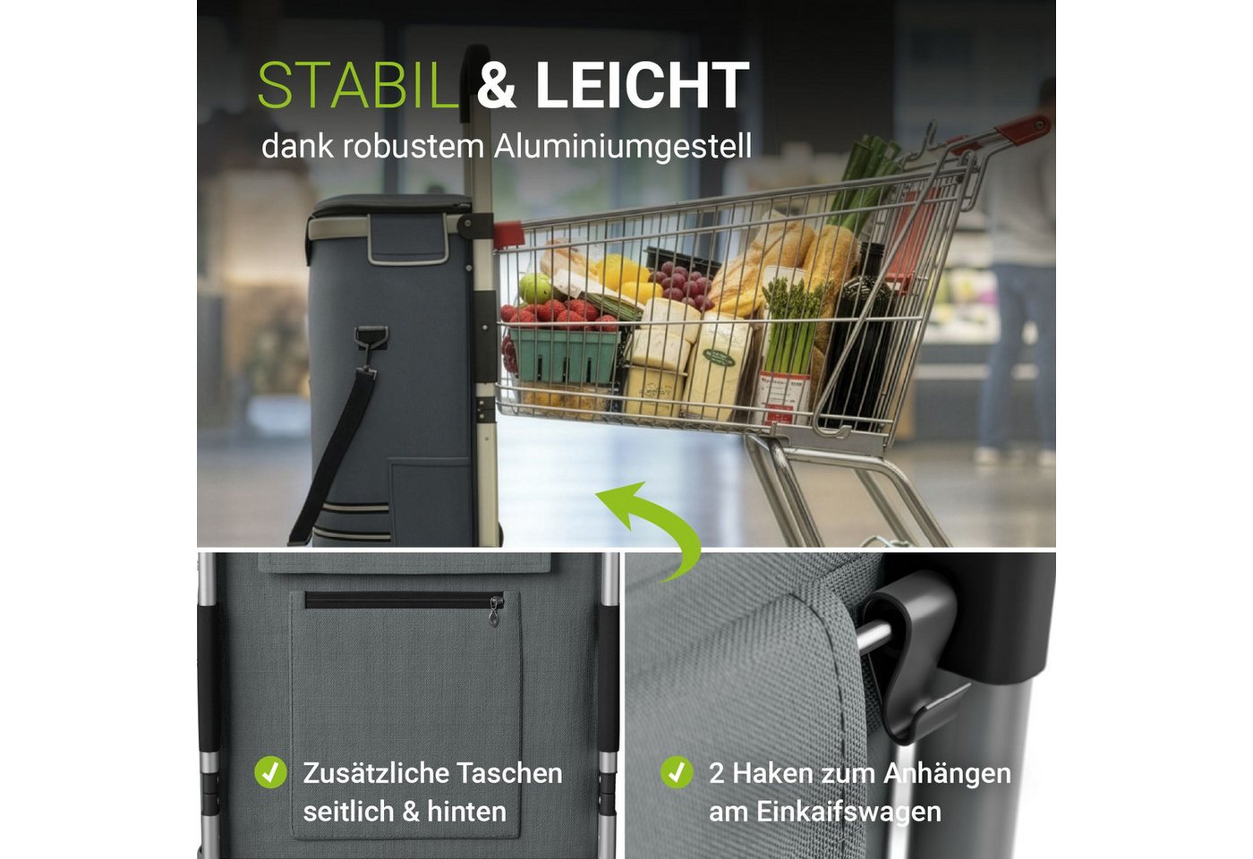 Juskys Einkaufstrolley 3in1, 56 l, mit Treppensteiger (6 Rollen), klappbar und modern, mit Kühlfach – Bild 5 von 5