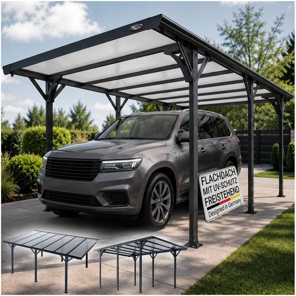 Juskys Einzelcarport, BxT: 305x503 cm, 217 cm Einfahrtshöhe, Flachdach mit UV Schutz, hohe Wind und Schneelast