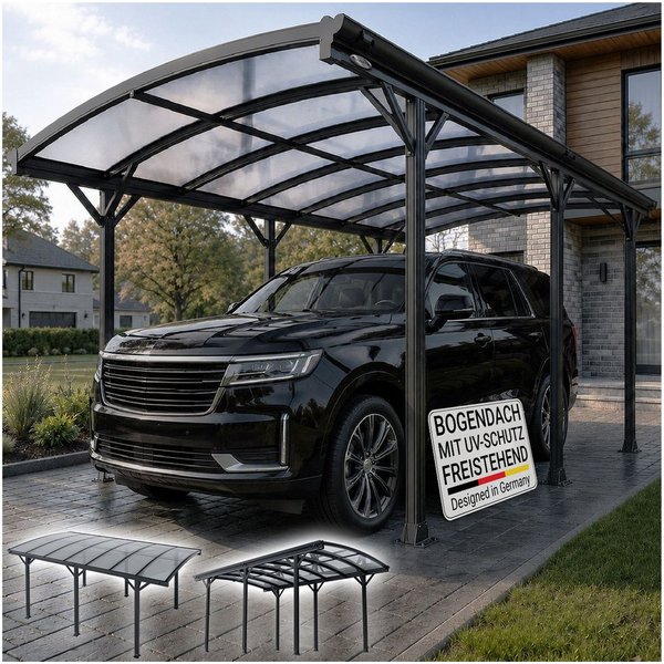 Juskys Einzelcarport Unterstand mit gebogenem Dach 5 x 3 m, BxT: 302x505 cm, 226 cm Einfahrtshöhe, Bogendach mit UV Schutz, hohe Wind und Schneelast