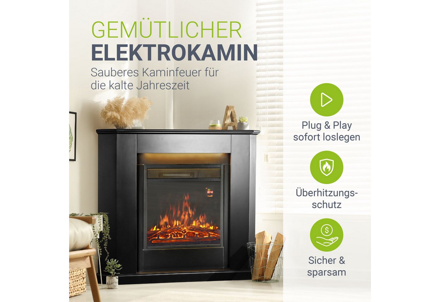 Juskys Elektrokamin, 2000 W Heizung, Flammeneffekt, Fernbedienung, LED-Licht, Timer – Bild 2 von 5
