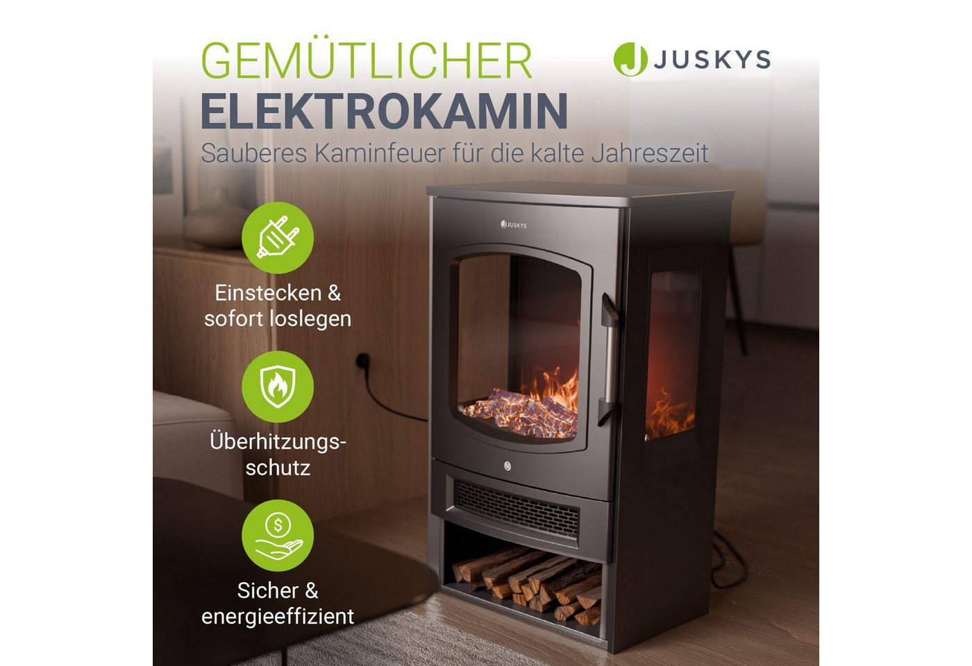 Juskys Elektrokamin, Flammeneffekte, WLAN/App-Steuerung, Heizfunktion, Fernbedienung – Bild 2 von 5