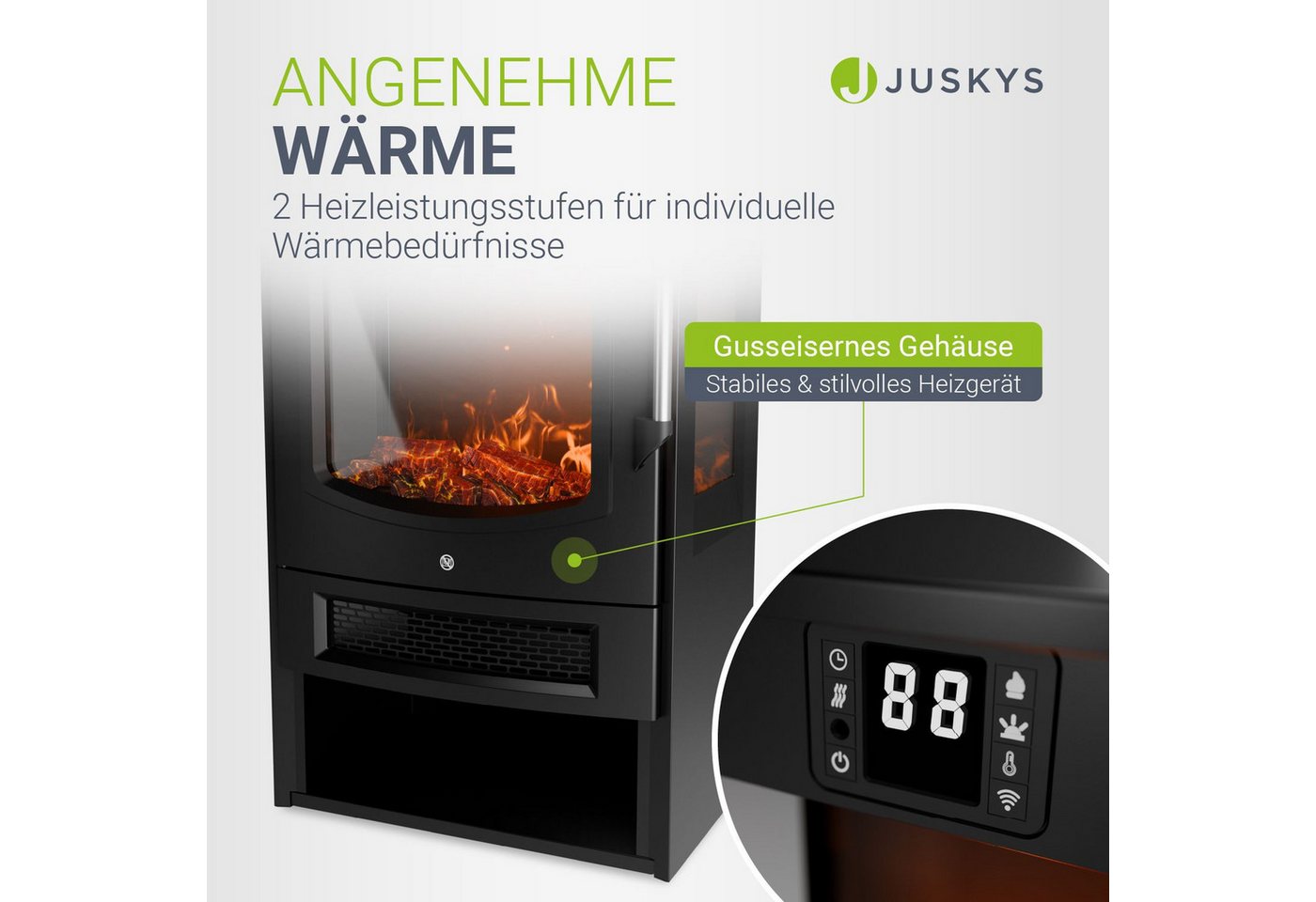 Juskys Elektrokamin, Flammeneffekte, WLAN/App-Steuerung, Heizfunktion, Fernbedienung – Bild 3 von 5