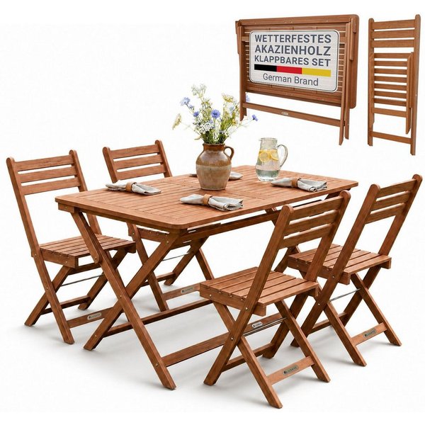 Juskys Essgruppe Rimini, (5-tlg., 4x Stühle. 1x Tisch), 4 Stühle & Tisch, klappbar, aus Akazienholz, geölt & wetterfest