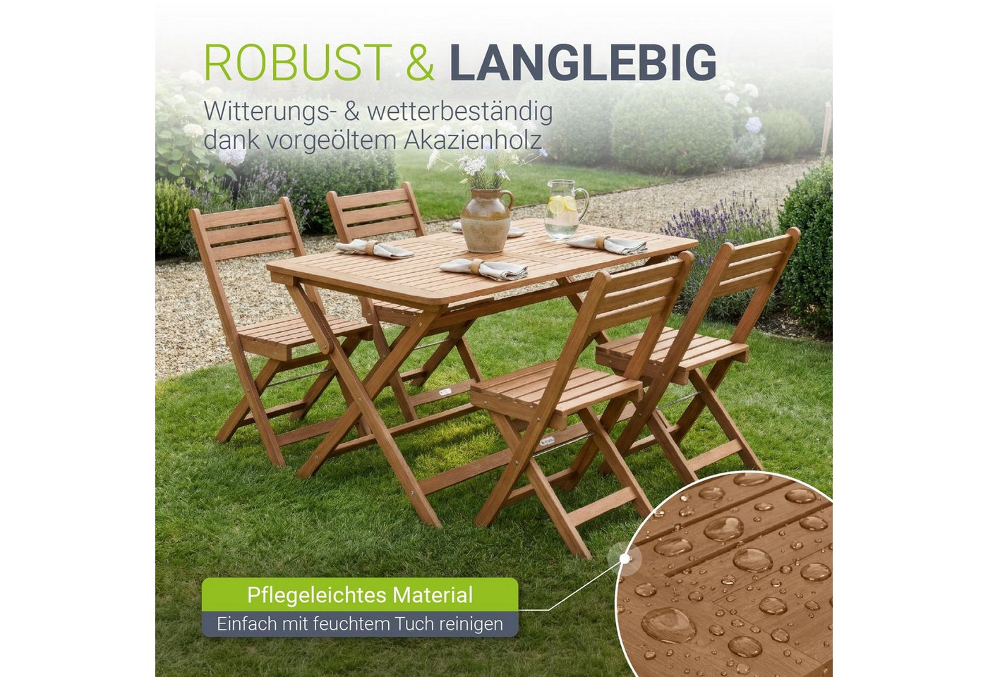 Juskys Essgruppe Rimini, (5-tlg., 4x Stühle. 1x Tisch), 4 Stühle & Tisch, klappbar, aus Akazienholz, geölt & wetterfest – Bild 2 von 5