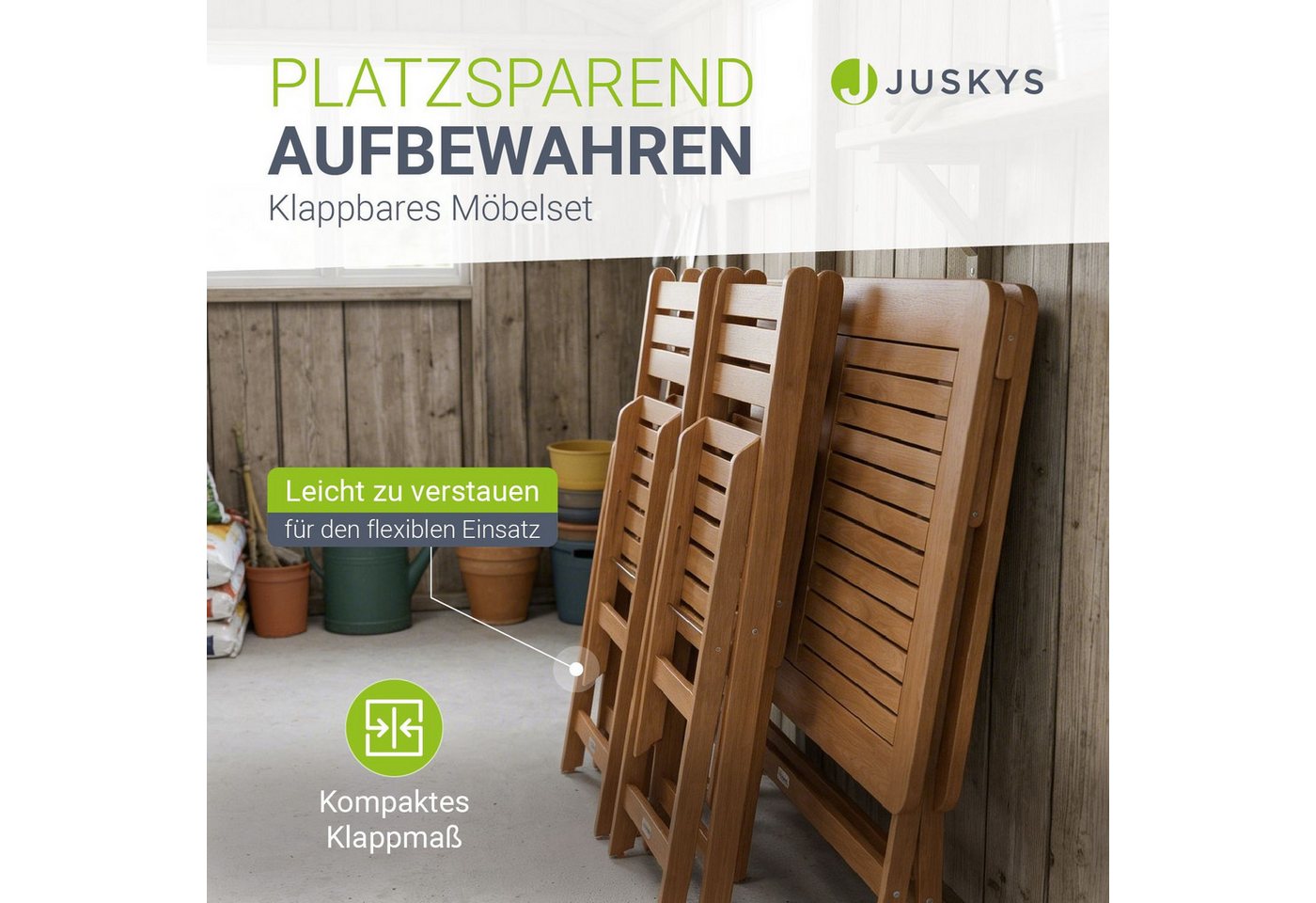 Juskys Essgruppe Rimini, (5-tlg., 4x Stühle. 1x Tisch), 4 Stühle & Tisch, klappbar, aus Akazienholz, geölt & wetterfest – Bild 3 von 5