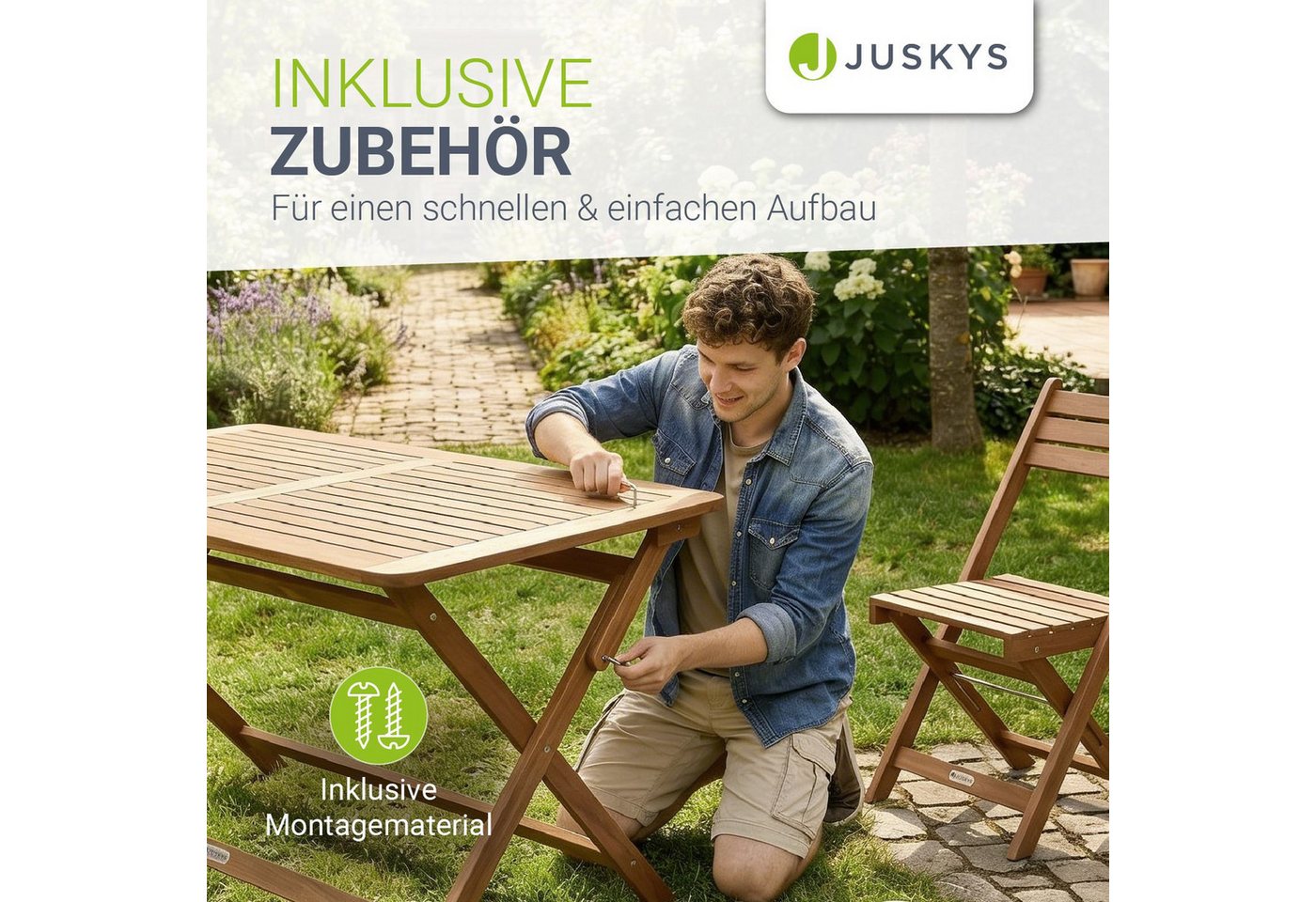 Juskys Essgruppe Rimini, (5-tlg., 4x Stühle. 1x Tisch), 4 Stühle & Tisch, klappbar, aus Akazienholz, geölt & wetterfest – Bild 5 von 5
