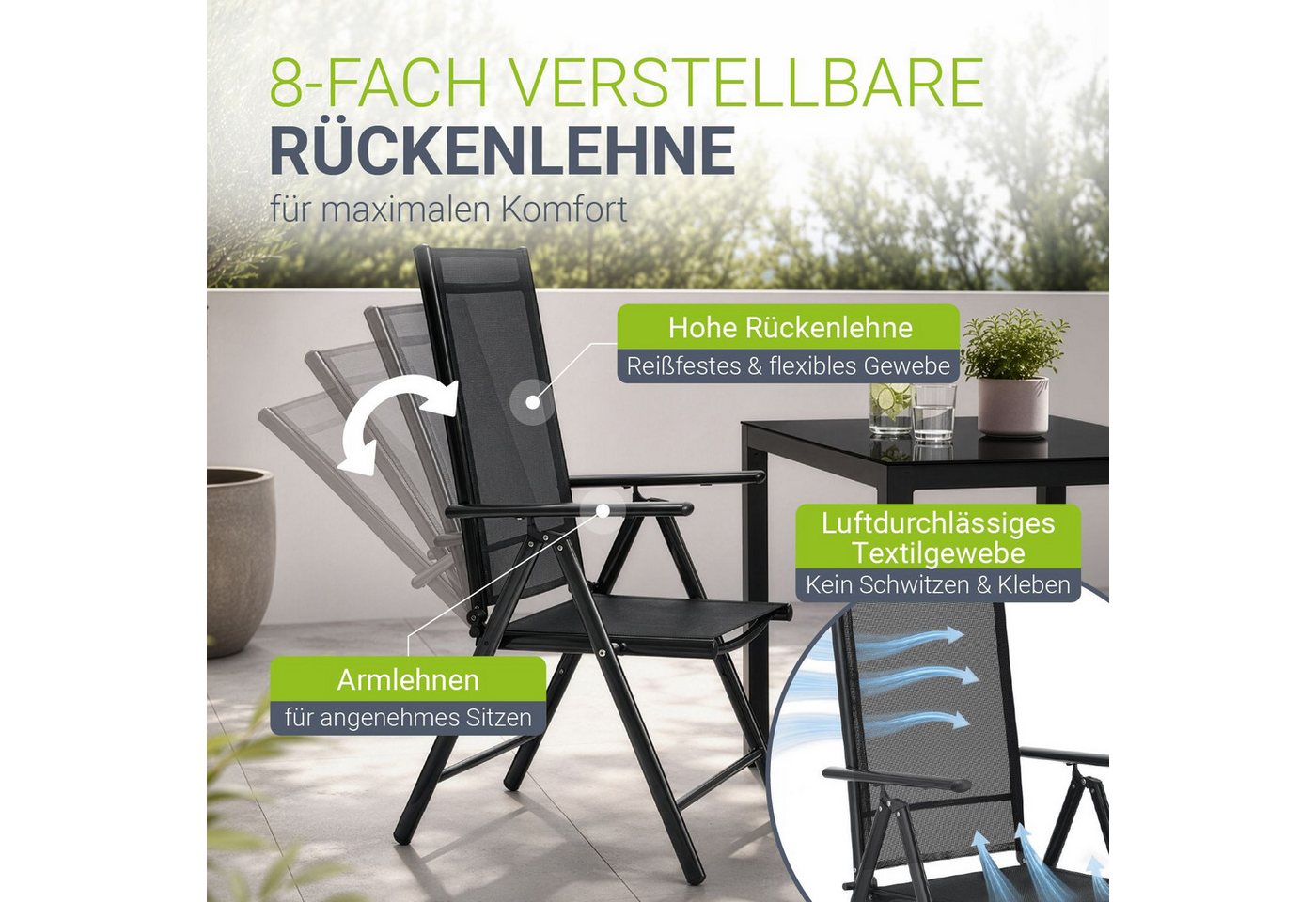 Juskys Garten-Essgruppe Milano, (5-tlg), 4 Gartenstühlen plus Tisch - Stühle klappbar und verstellbar – Bild 2 von 5