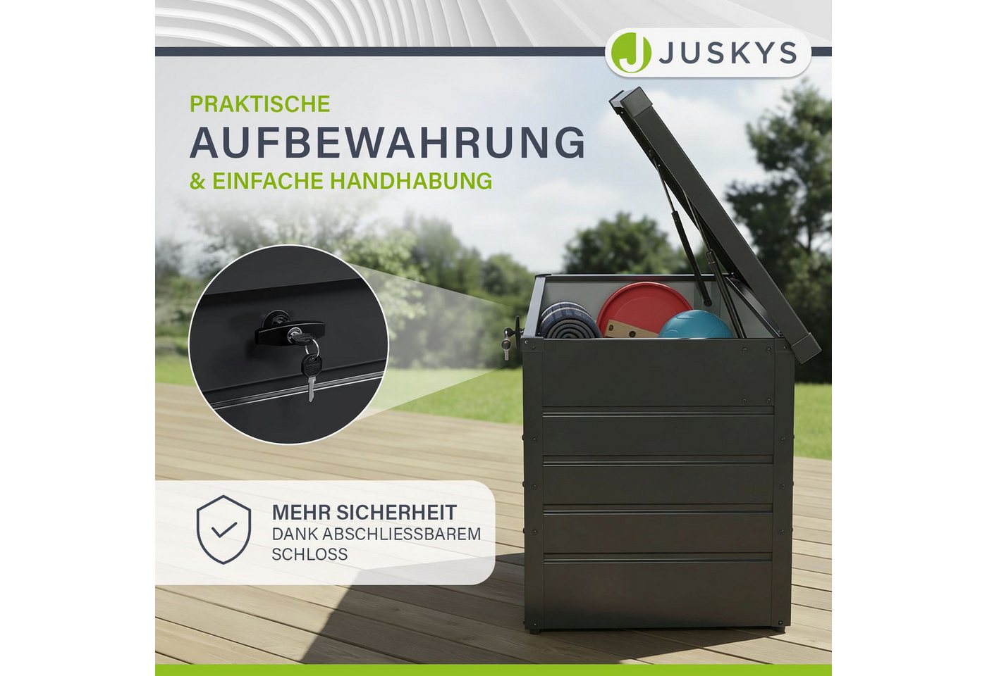 Juskys Gartenbox Limani, einfacher Aufbau, zeitlose Optik, Hubautomatik-Deckel – Bild 3 von 5