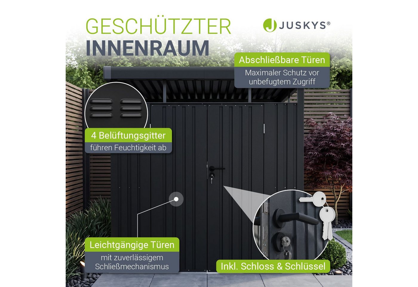 Juskys Gartenhaus Luzern, BxT: 254x196 cm, 5,2 m², Metall, wetterfest, langlebig, Fenster & abschließbare Tür – Bild 4 von 5