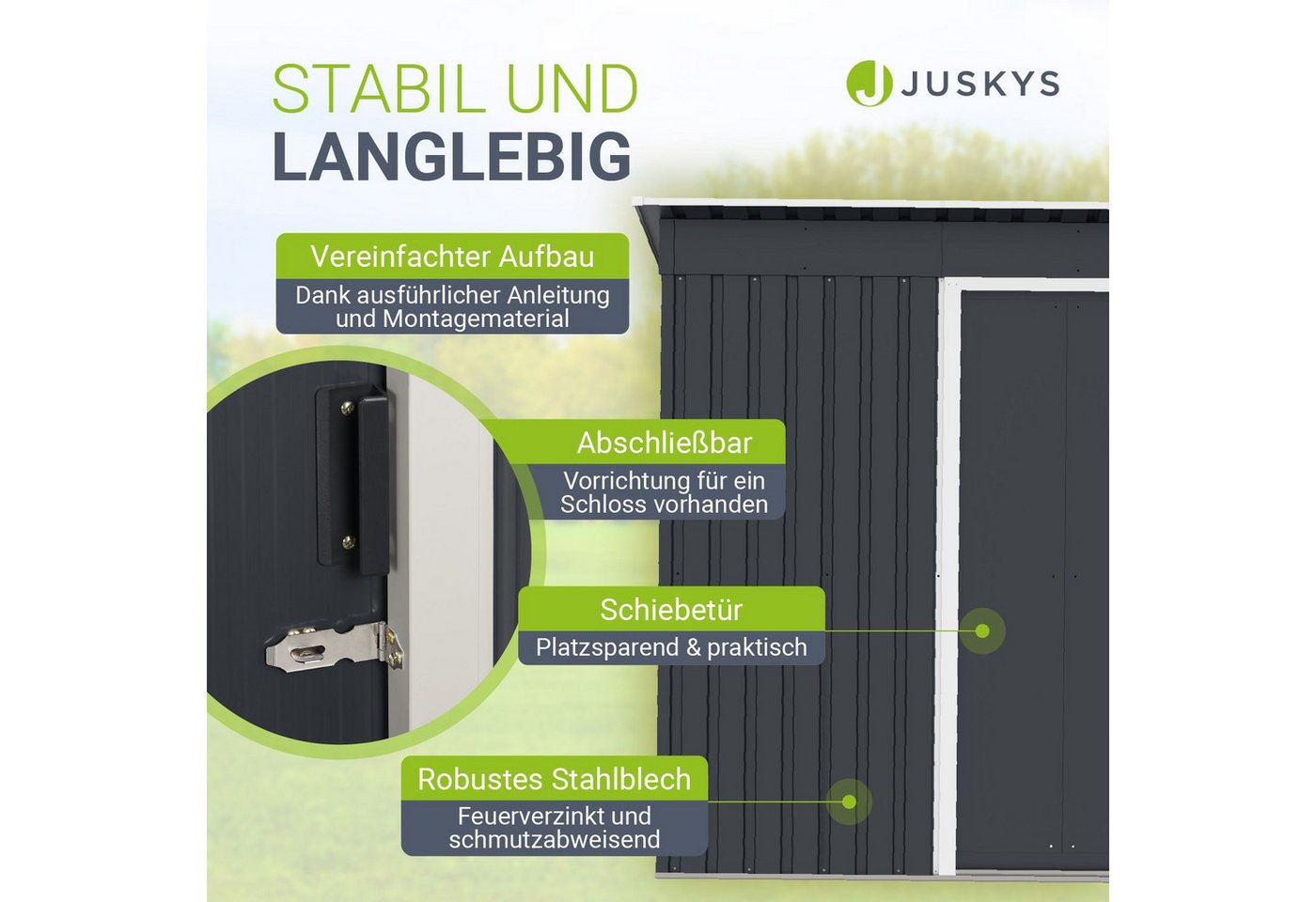 Juskys Gartenhaus S, BxT: 164x88 cm, mit Pultdach, Schiebetür, Fundamentrahmen, Werkzeughalter, 1 m² – Bild 2 von 5