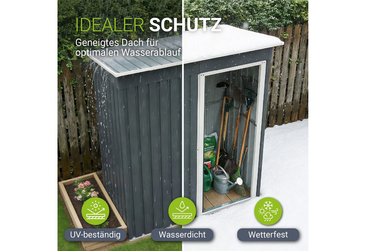 Juskys Gartenhaus S, BxT: 164x88 cm, mit Pultdach, Schiebetür, Fundamentrahmen, Werkzeughalter, 1 m² – Bild 4 von 5