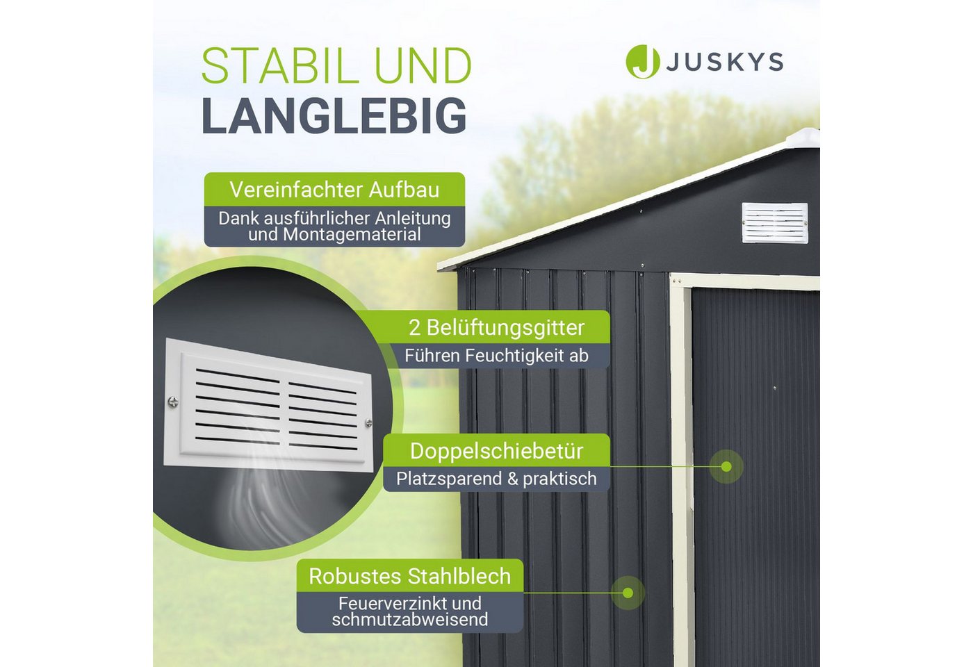 Juskys Gartenhaus XL, BxT: 280x196 cm, mit Satteldach, Schiebetür, Fundamentrahmen, 9 m³ – Bild 2 von 5