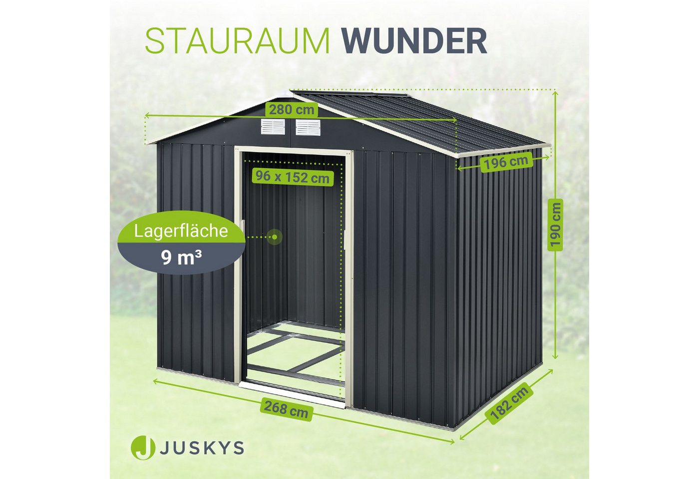 Juskys Gartenhaus XL, BxT: 280x196 cm, mit Satteldach, Schiebetür, Fundamentrahmen, 9 m³ – Bild 3 von 5