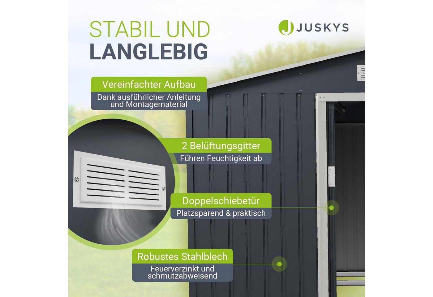 Juskys Gartenhaus XXL, BxT: 282x314 cm, mit Satteldach, Schiebetür, Fundamentrahmen, 15 m³ – Bild 2 von 5