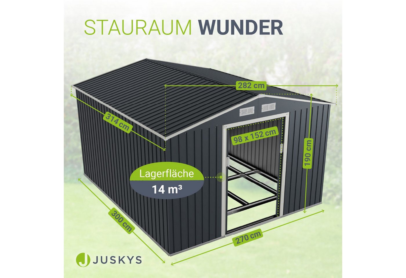 Juskys Gartenhaus XXL, BxT: 282x314 cm, mit Satteldach, Schiebetür, Fundamentrahmen, 15 m³ – Bild 3 von 5