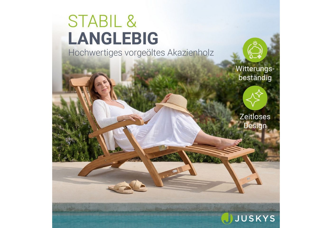 Juskys Gartenliege Evia, 1 St., Robustes Akazienholz, Klappbar, 4-fach verstellbare Rückenlehne – Bild 2 von 5